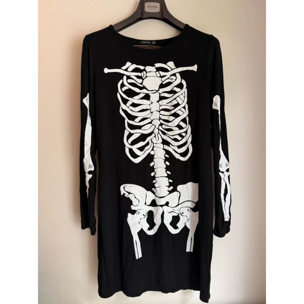 Boohoo Womens US 16 Black White Skeleton Dress Long Sleeve Halloween Bodycon